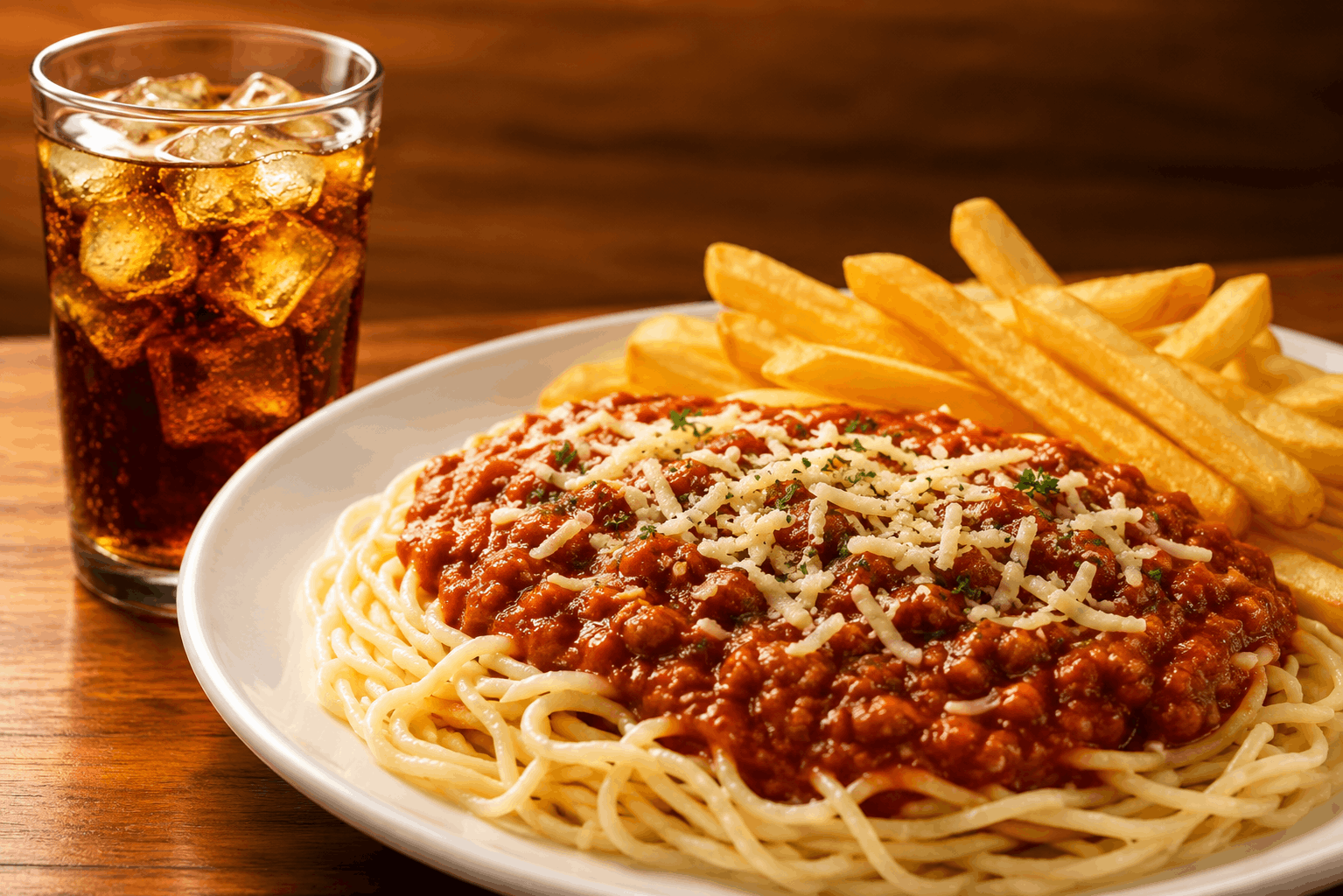 Spaghetti with Fries and Drinks